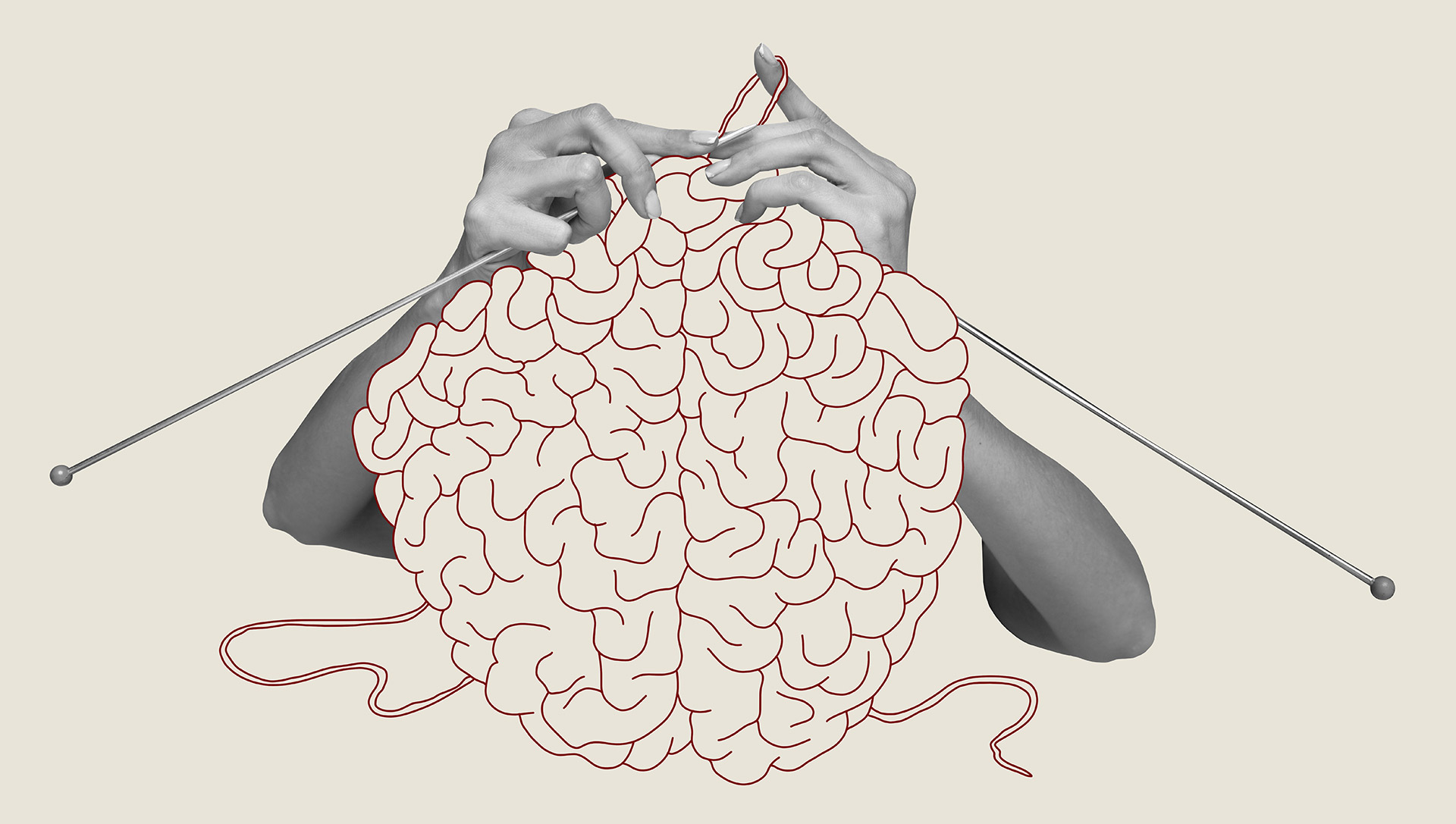 Contemporary art collage. Human hands knitting brain. Growing psychological and emotional stability. Abstract design
